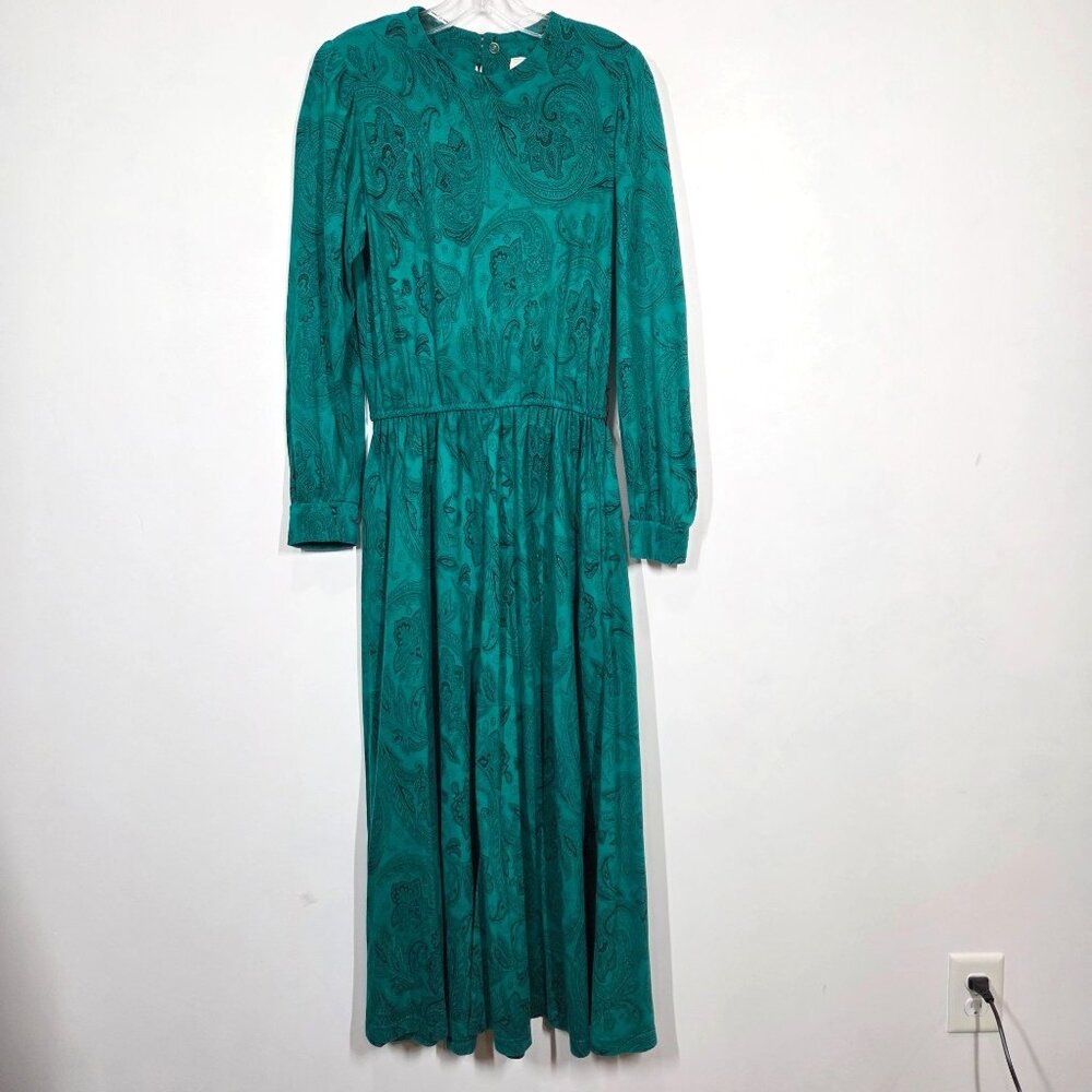 Vintage Lanz Originals Dress 8 Green Paisley Secretary Modest Maxi 80s
